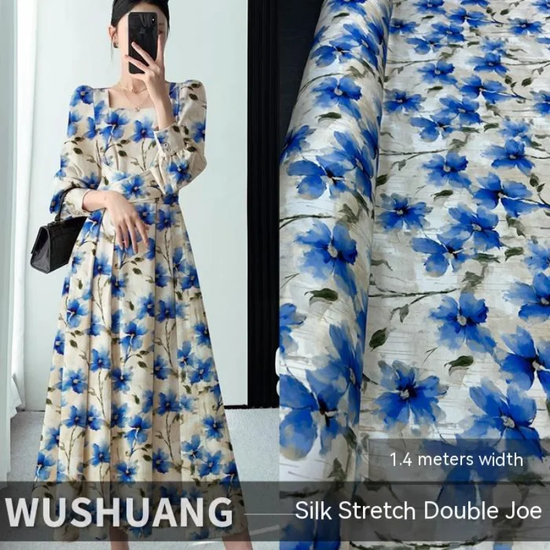 Silk Stretch Double Joe Fabric Mulberry Silk Material Blue Flower Print Dyed Spring Summer Shirt Dress Flowing Fabrics Per Meter