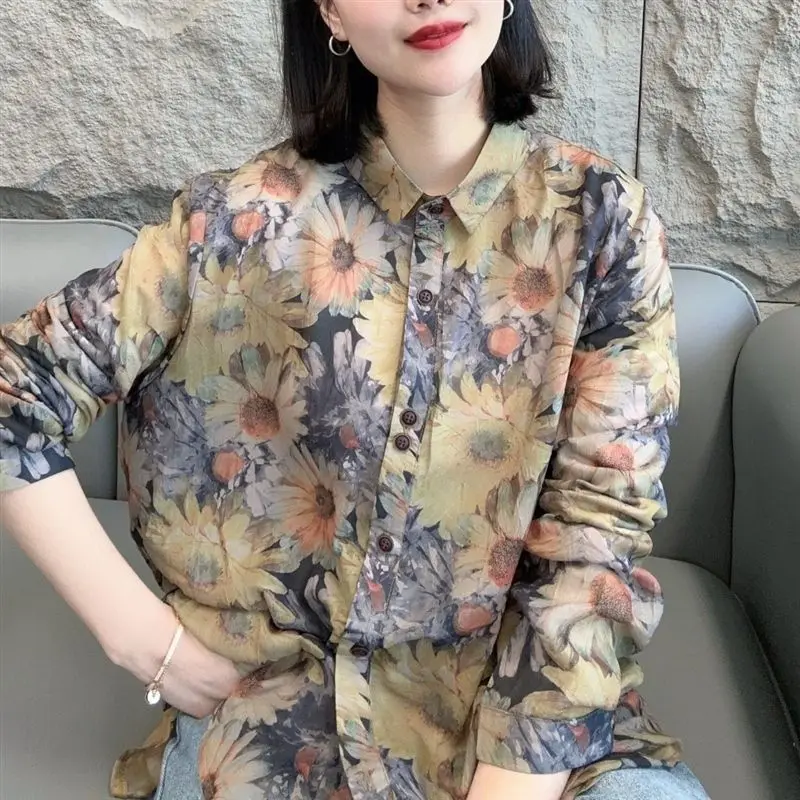 Fashion Floral Printed Blouse Vintage Spring Autumn Loose Single-breasted Commute Female Clothing Casual Turn-down Collar Shirt