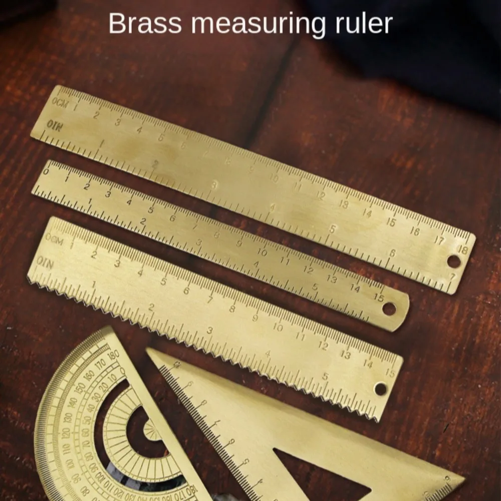 Vintage Brass Straight Ruler Measuring Tool Gold Bookmark Painting Drawing Tools Stationery Metal Triangle Ruler Protractor