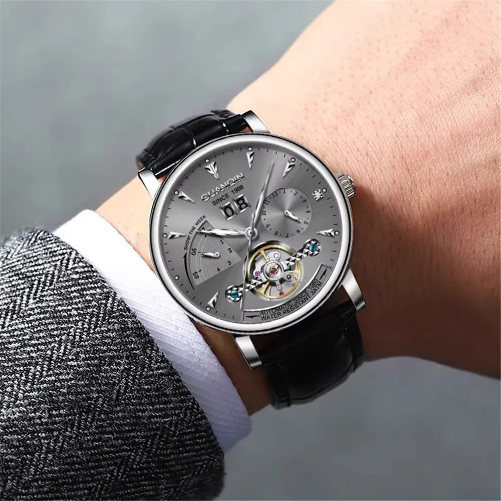 GUANQIN Men Luxury Stainless Steel Leather Strap Business Wrist Watch Automatic Mechanical Male Skeleton Clock Multifunctional