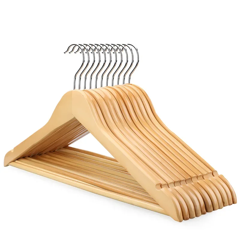 1pcs Extra-Wide Seamless Solid Wood and Metal Hook Wooden Hangers with Notches Non-slip for Clothes Shelf Rack