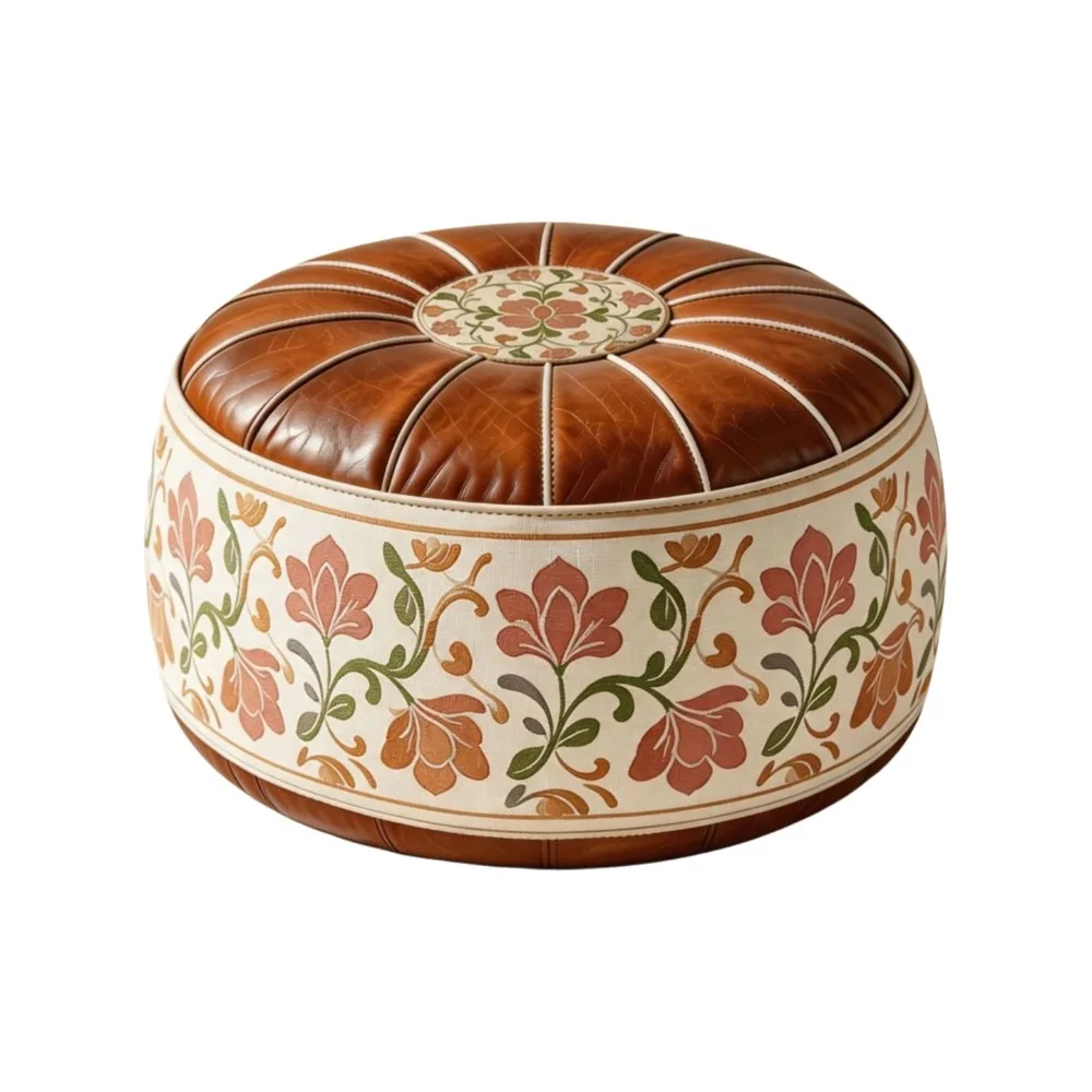 Foot Rest Boho Style Sofa Stool Cover PU Leather Foldable Round Footstool Cover Large Capacity Unstuffed Pouf Cover Bedroom