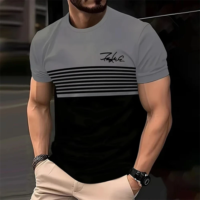 Business Casual Men's Striped T-shirt Simple Word Print Round Neck White T Shirts Summer Streetwear Breathable Loose Top Men