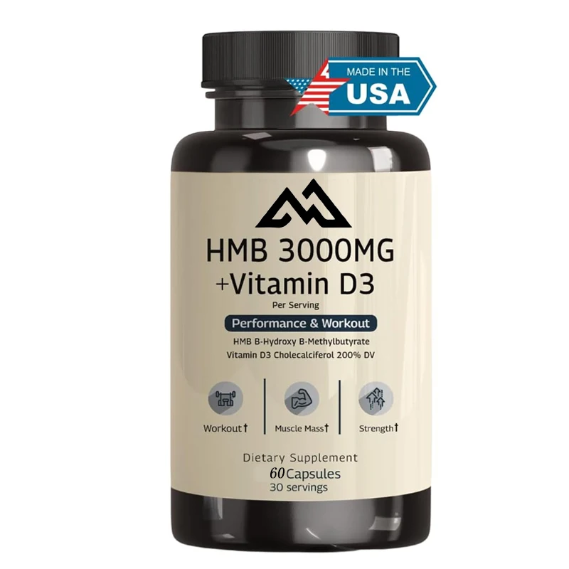 HMB-Cápsulas de Vitamina D3 para Crescimento e Recuperação Muscular, Aliviar a Perda Muscular, Suplemento Não Transgênico, 60 Cápsulas, 3000 mg