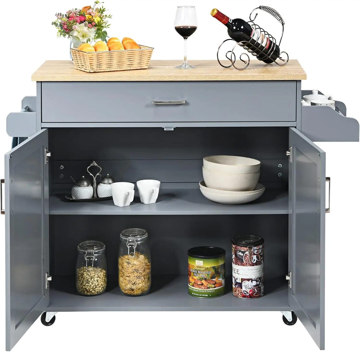 Kitchen Island Cart with Storage Cabinet on Wheels, Spice Rack Towel Rack & Drawer