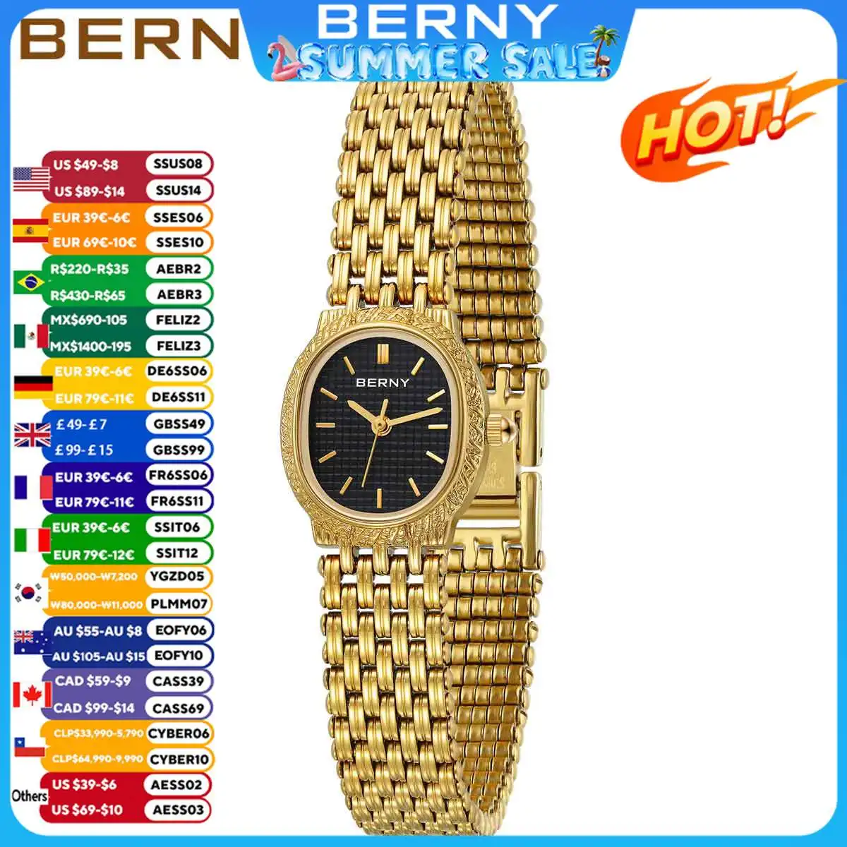 BERNY Women Quartz Watch Gold Stainless Steel Strap Luxury Elliptical Wristwatch Waterproof Simple Retro Dress Watch for Women