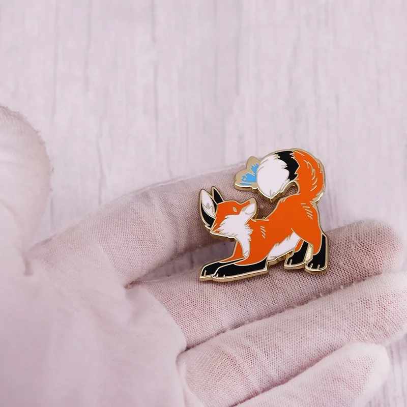 Kawaii Red Fox and Blue Butterfly Hard Enamel Pin Cute Cartoon Forest Foxs Badge Animal Brooch Accessories Fashion Jewelry