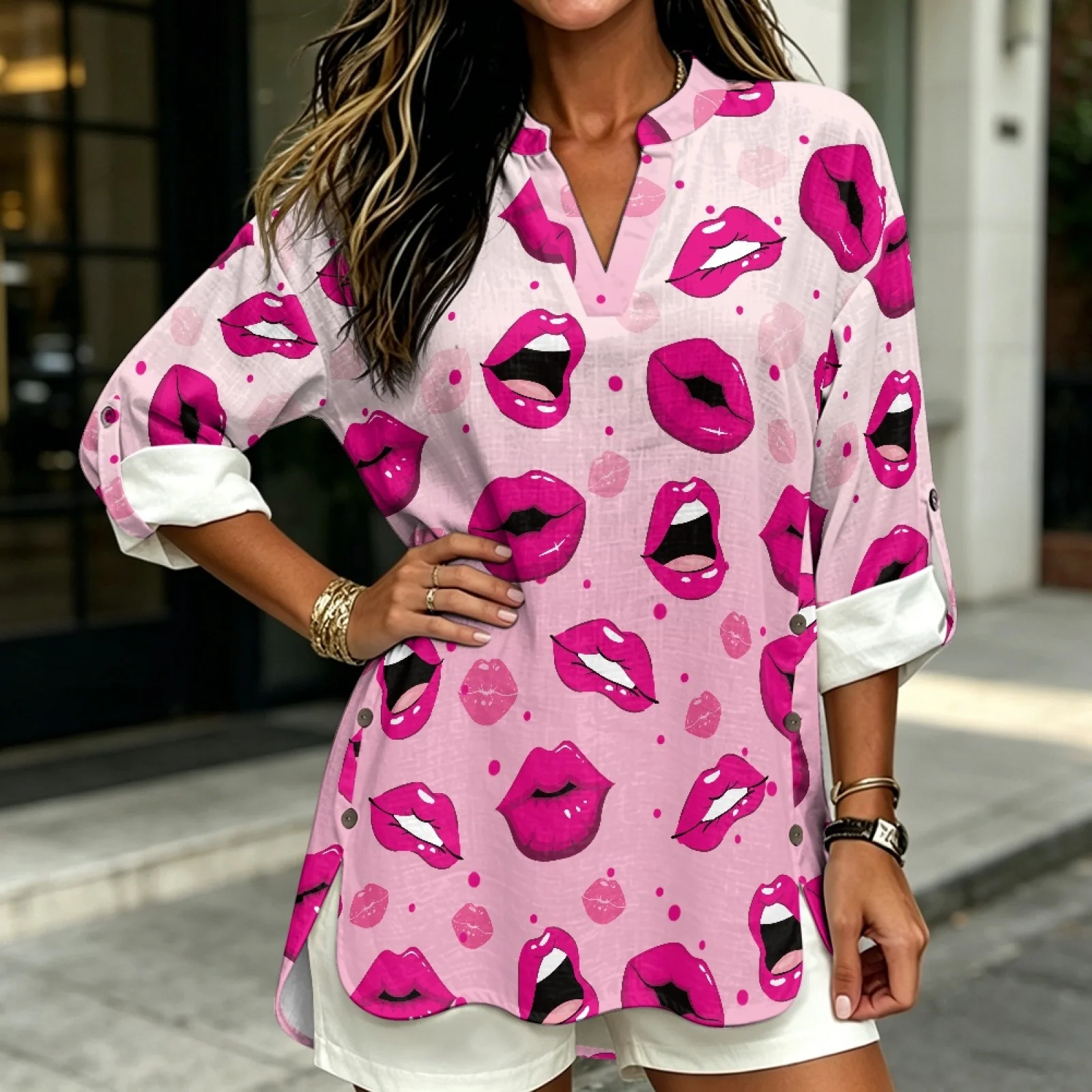 PENSTROLL Pink Lips Print Trendy Tunic Shirts for Beach Vacation Linen-Like Long Sleeve Tops Sizes S-5XL