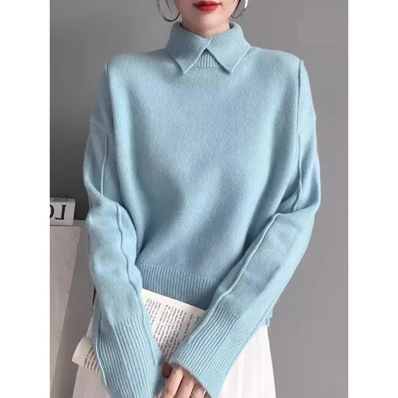 Jesienno-zimowa nowa moda z długim rękawem skręcić w dół kołnierz jednolite swetry odzież damska luźna na wszystkie mecze dzianina Trend w stylu vintage Top