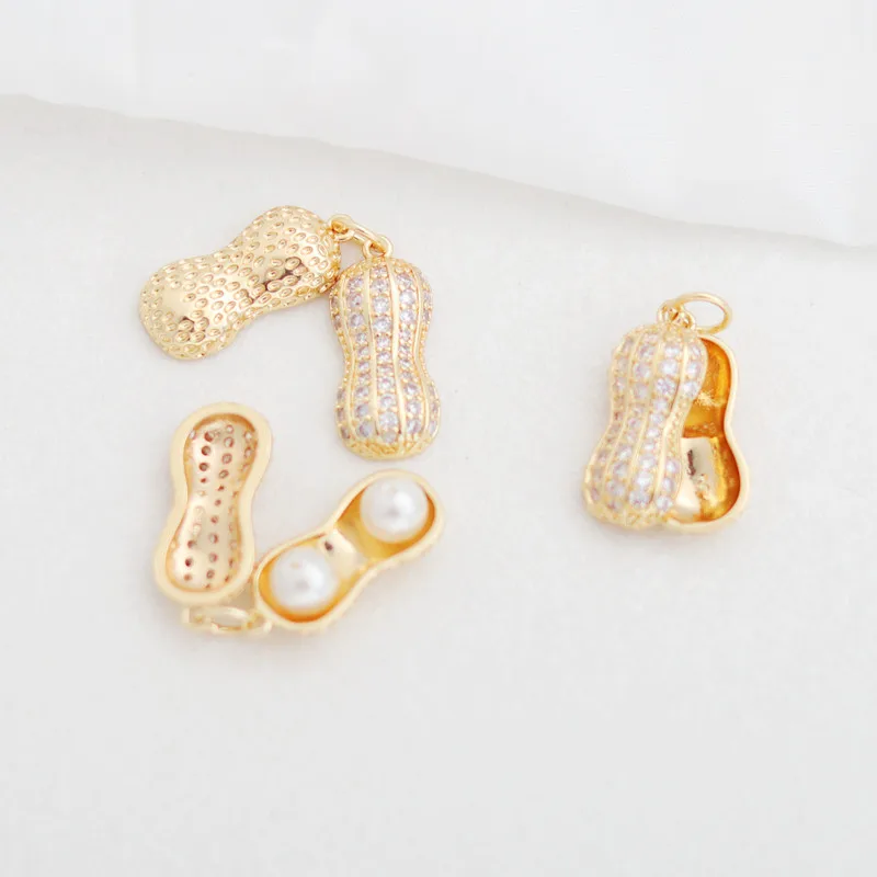 18K Matte Gold-Plated 3D Peanut Pendant Inlaid Zircon, Symbolizing Good Luck, DIY Charms For Bracelets, Necklaces & Earrings
