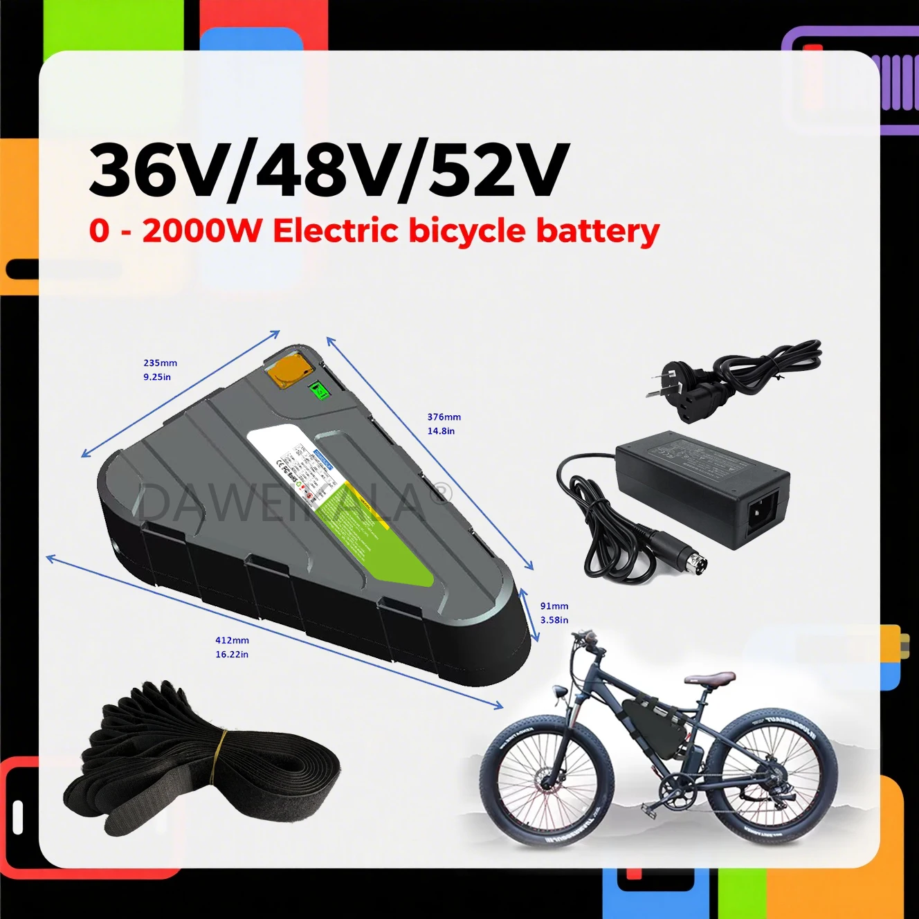 

Triangle Ebike Battery 48V 25AH 52v Battery Electric Triangle Lithinum ion Battery High Capacity for 1800W 1500W 1000W Motor