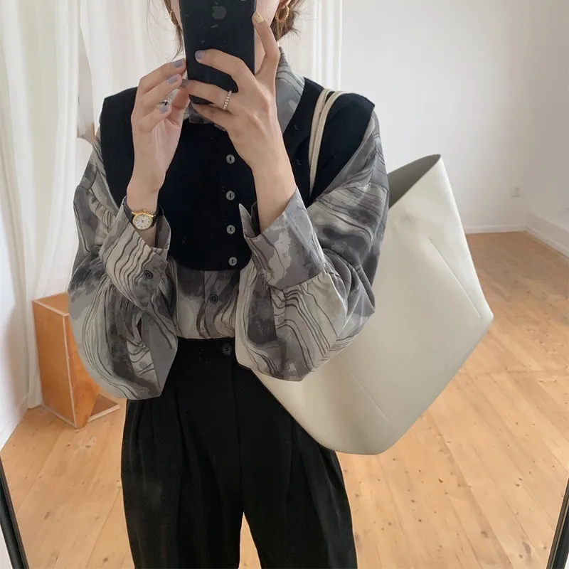 2024 New Spring and Autumn Women Fashion Retro Inkjet Art Two-piece Shirt + High Waist Slim Pants Suit Button Office Lady