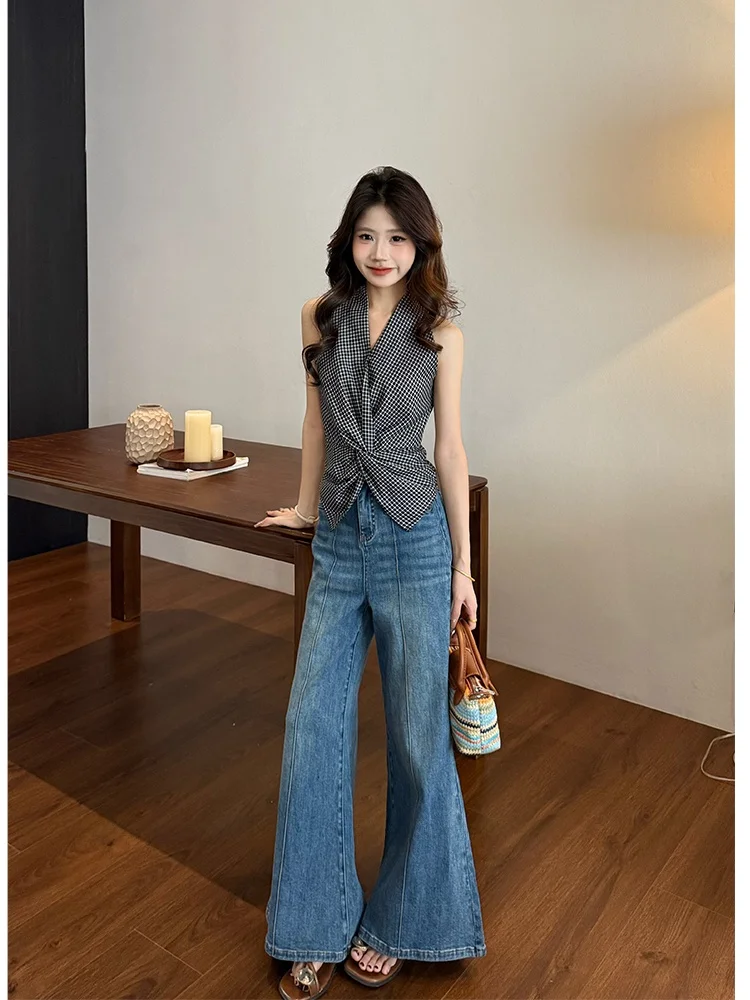 

Джинсы с высокой талией и широкими штанинами, слегка расклешенные, C25, летние, повседневные, с застежкой-молнией, из смесового хлопка, молодежные, модные