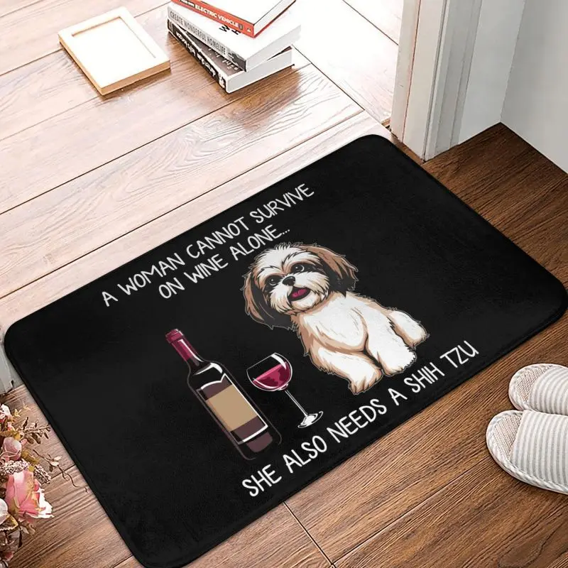 Cute Shih Tzu Dog And Wine Doormat Anti-Slip Bathroom Kitchen Mat Garden Garage Door Floor Entrance Carpet Rug