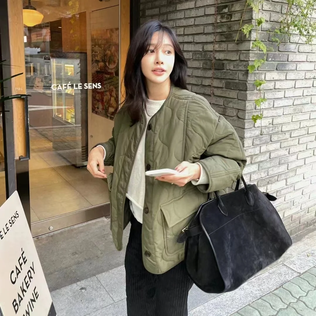 

Military een Cotton Jaet Women's Loose Fit Warmth Wave Pattern Coat with Big kets Trendy Autumn New Arrival