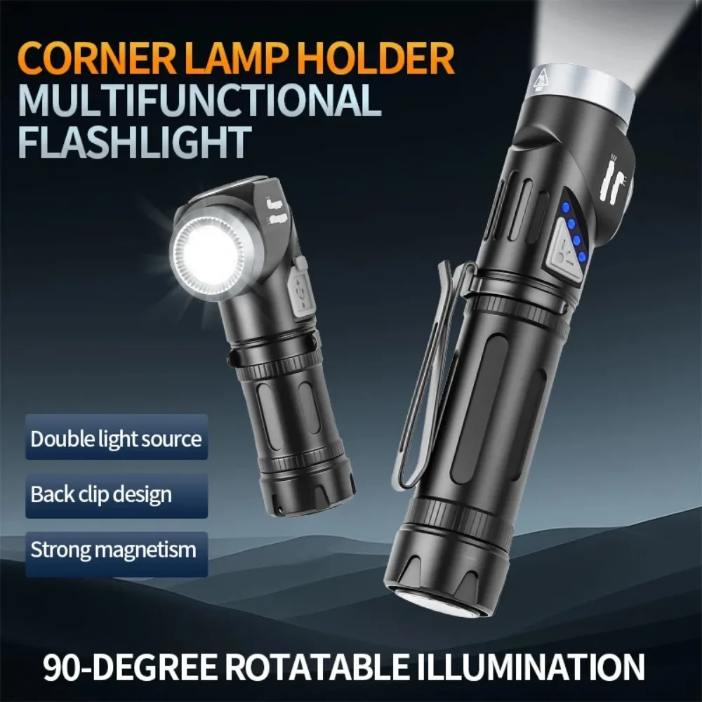 Pocket LED Flashlight with 90° Rotate Head Rechargeable Torch with Magnetic Base Emergency Headlight for Outdoor Camping Hiking