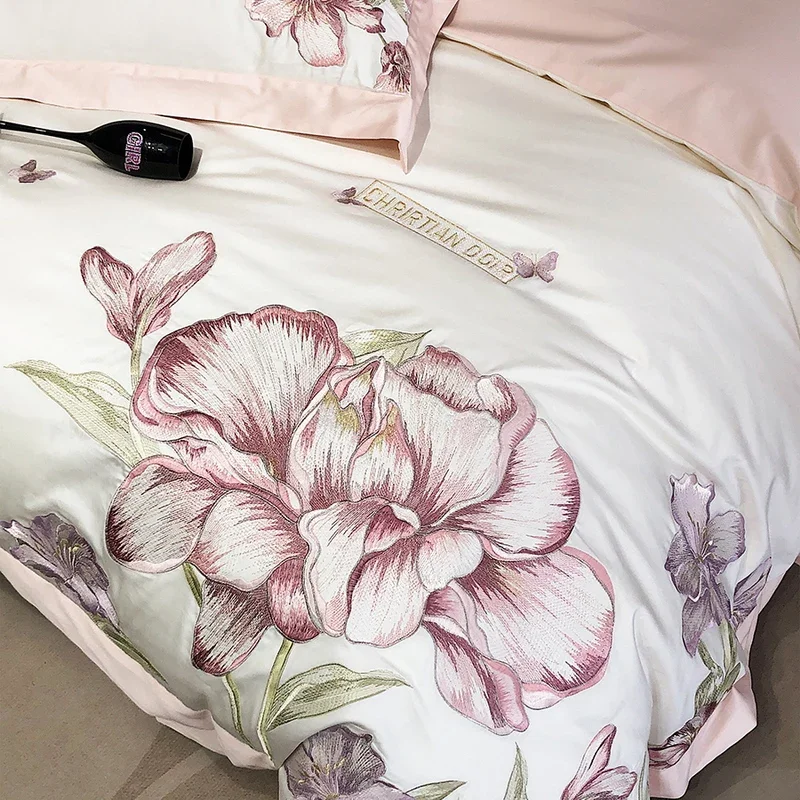 Blooming Flowers Embroidery Bedding Set 600TC Egyptian Cotton Duvet Cover Set Bed Sheet/Fitted Sheet Pillowcases Queen King Size