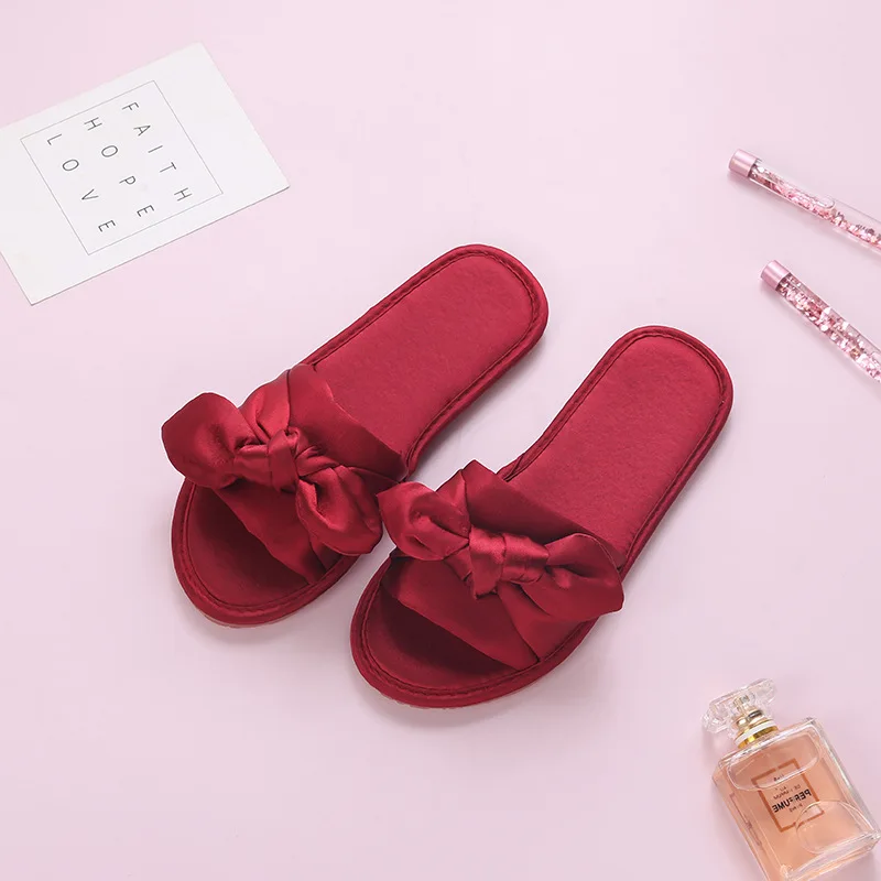 Wedding slippers non-slip simulation silk plaid indoor home slippers sweet bow bridesmaid slippers ladies comfortable and soft