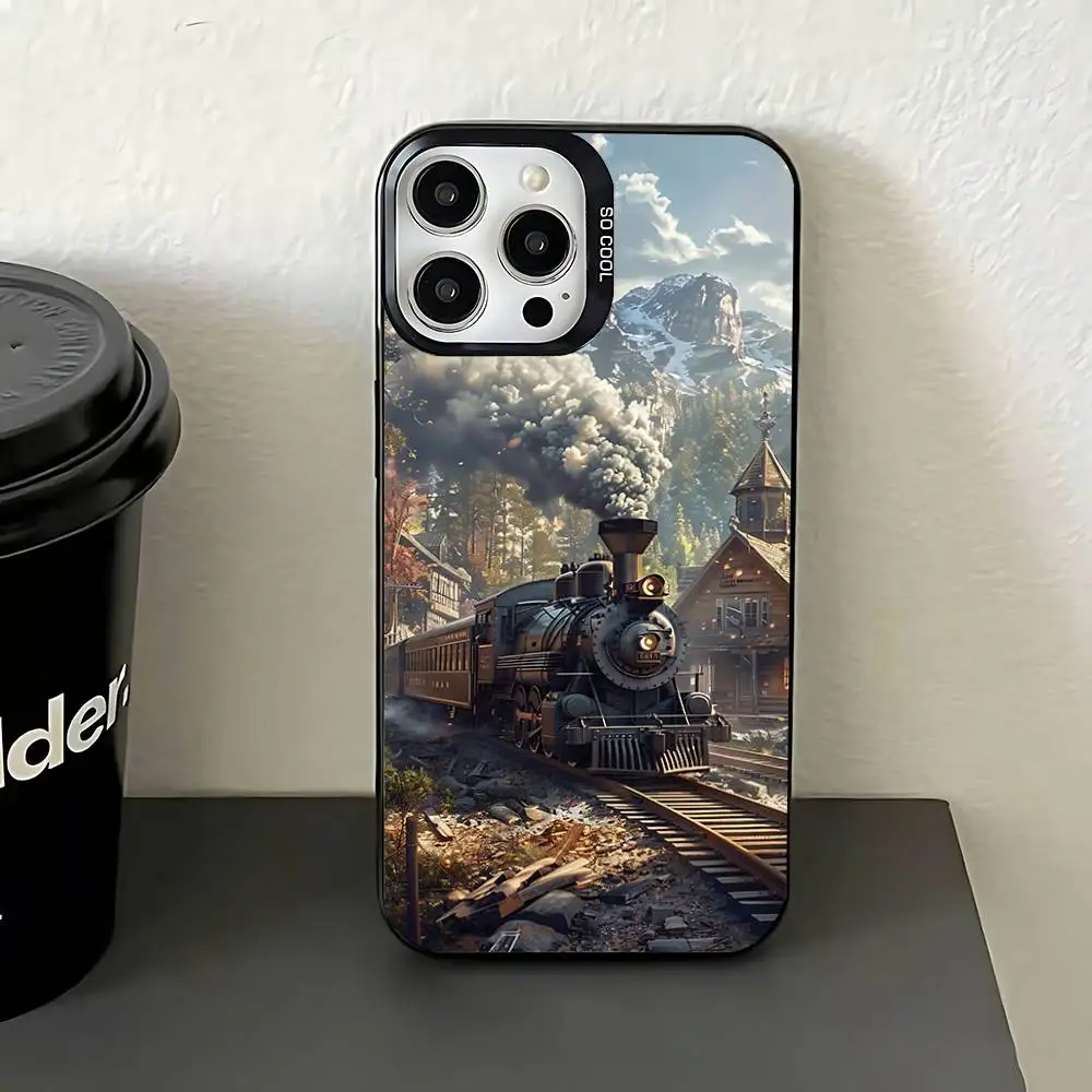 حافظة هاتف كلاسيكية على شكل قطار بخاري لهاتف آيفون 17,16,15,14,13,12,11,Pro,Max,Plus,E,Air,Mini غطاء من البولي يوريثان الأسود