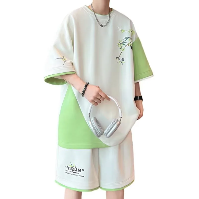 

Мужской летний костюм с коротким рукавом, новый летний красивый комплект из двух предметов, модный подростковый костюм с героями мультфильмов