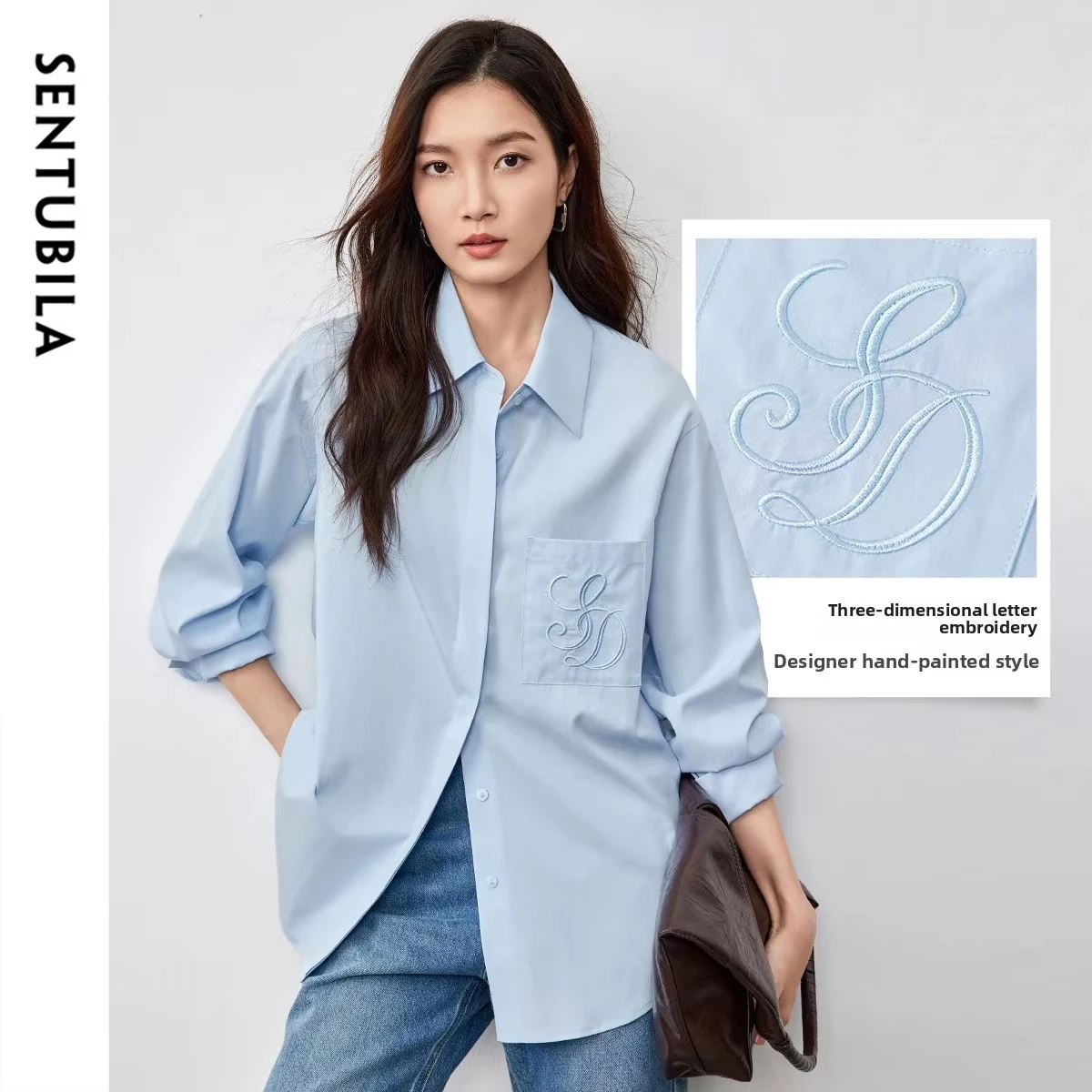 

SENTUBILA Simple Women's Shirt 2025 Autumn Commute Single-breasted Tops Letter Embroidered Pocket Loose Female Blouse 151C57968