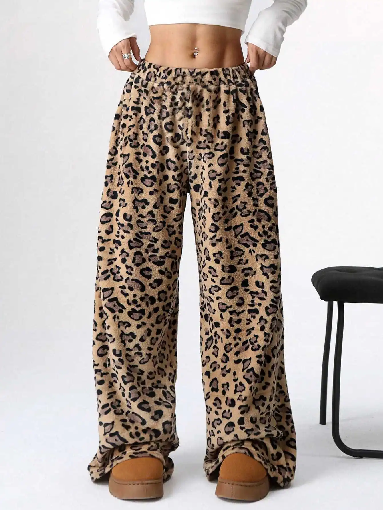 Outono inverno forrado calças com estampa de leopardo-fresco e casual streetwear para mulheres perna larga e calças de perna reta roupas femininas