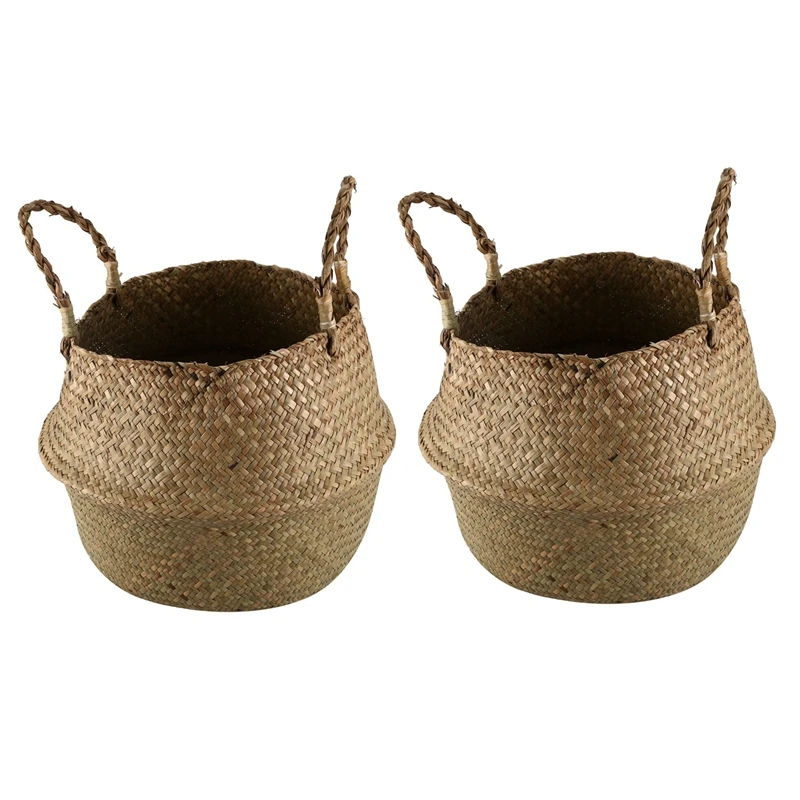 

2X Seagrass Wickerwork Basket Rattan Foldable Hanging Flower Pot Planter Woven Dirty Laundry Hamper Storage Basket L