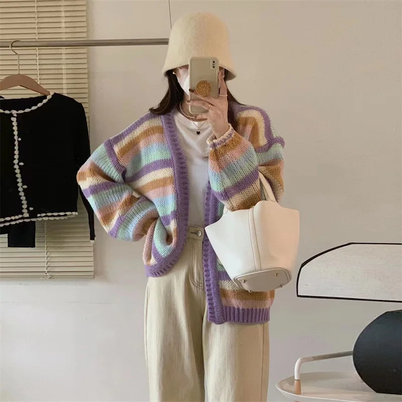 Casual Patchwork Women Knitted Cardigans Autumn Long Lantern Sleeve Crochet Sweaters Female 2024 O-neck Loose Elegant Streetwear