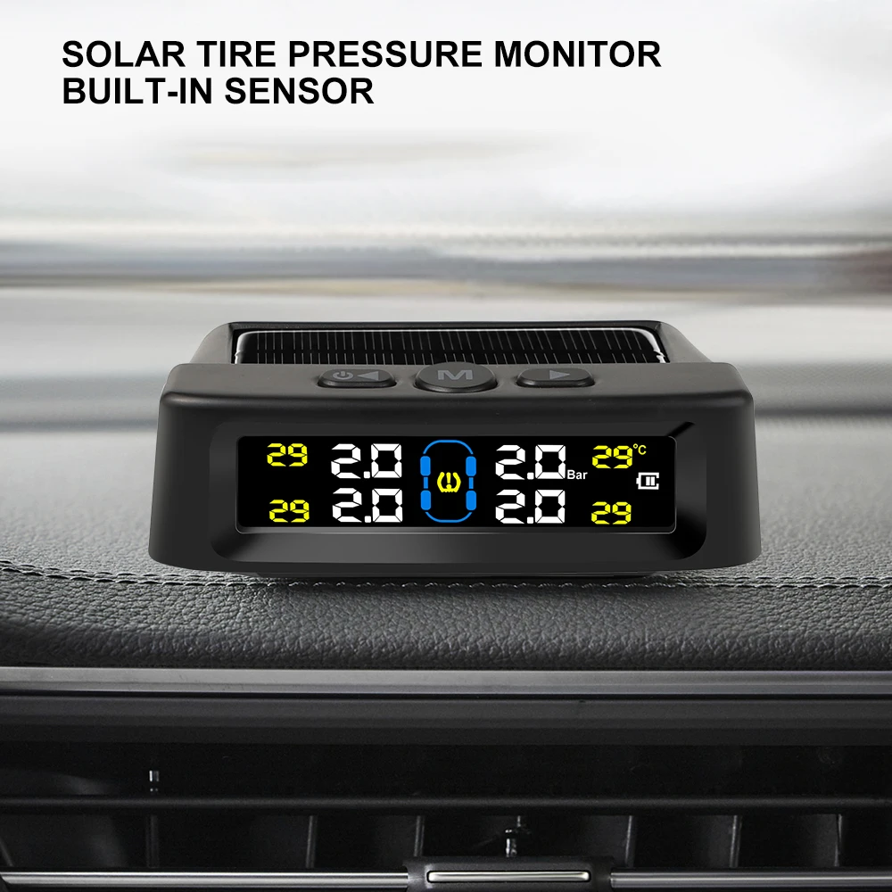 Solar Power TPMS Car Tire Pressure Alarm Monitor Auto Security Alarm Digital LCD Display Tyre Pressure Temperature Warning