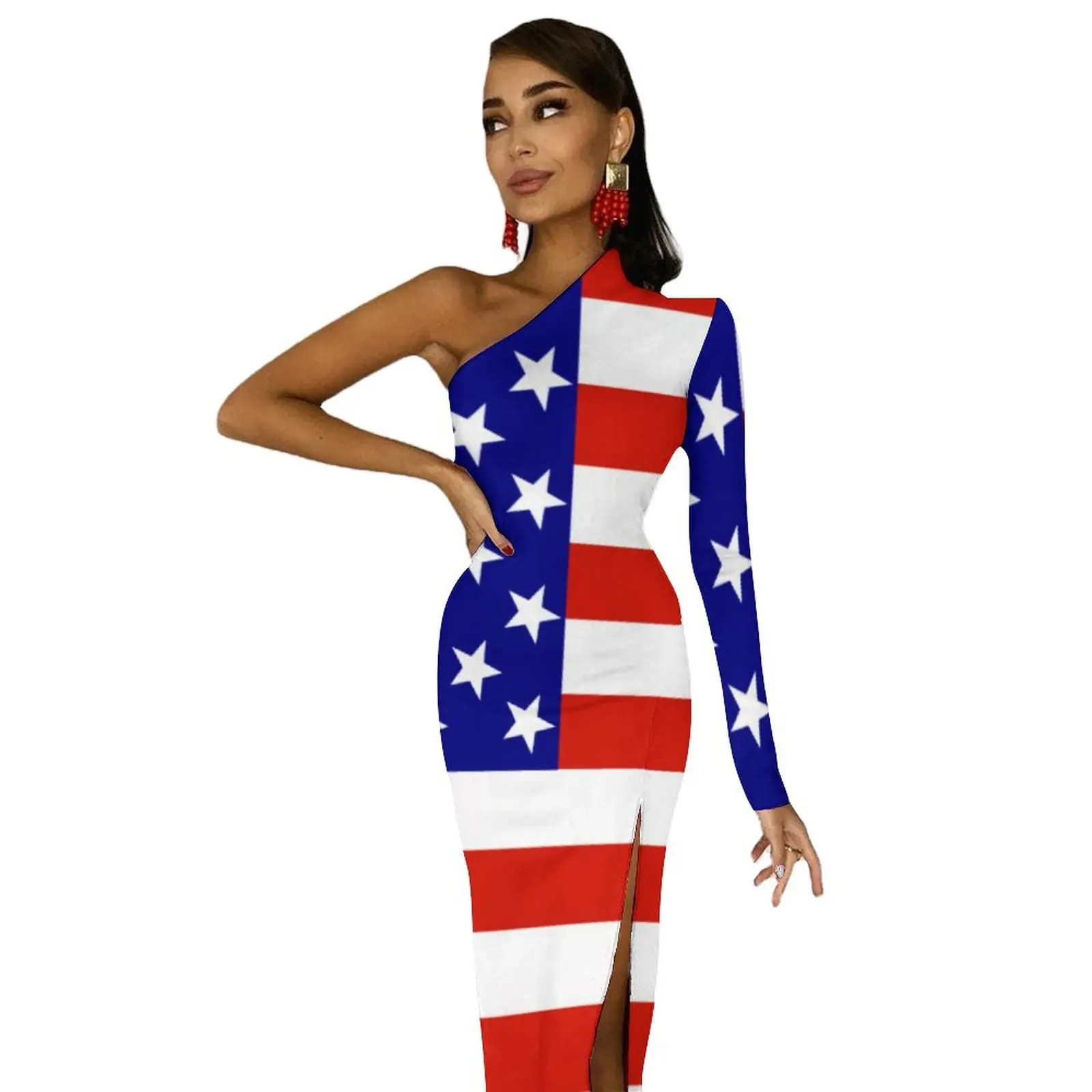 USA Flag Print Maxi Dress Long Sleeve Blue Stars Stripes Streetwear Bodycon Dresses Summer Side Split Cute Dress Women Clothes