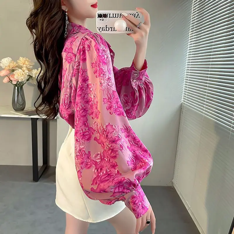 Ladies Temperament Printing Chiffon Turn-down Collar Lantern Sleeve Blouse Spring Korean Buttons Loose Cardigan Women\'s Shirt