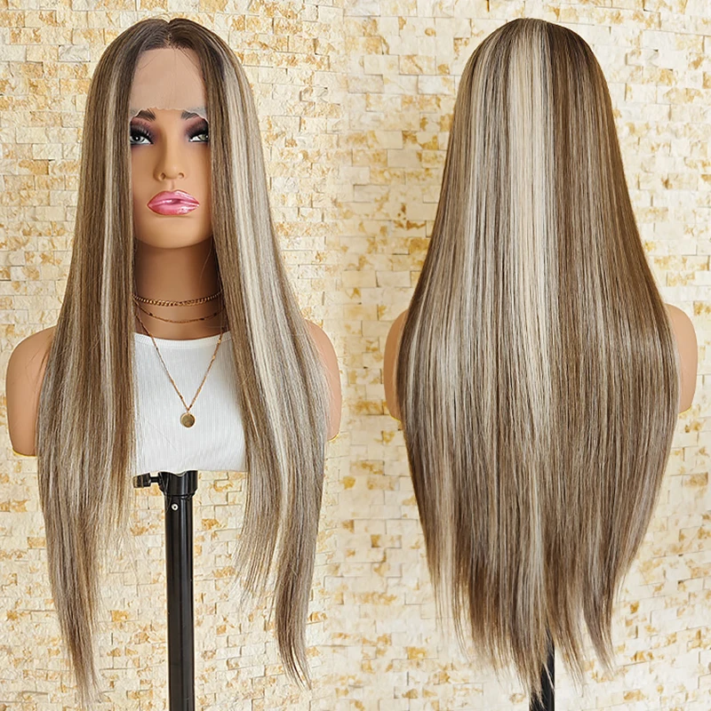 Snowdrop Straight Synthetic Lace Front Wig For Women 30 Inch Long Ombre Brown Blonde Highlight lace Wigs Curly Wig