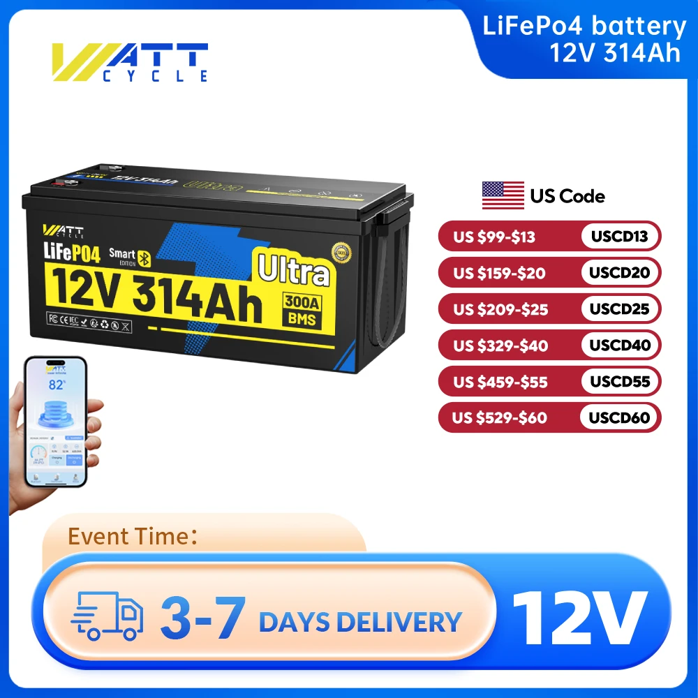 

Wattcycle 12V 314Ah Ultra LiFePO4 Battery With 300A BMS with Bluetooth 4019Wh Energy For RV/ Marine/ UPS/ Home storage/ Off-grid