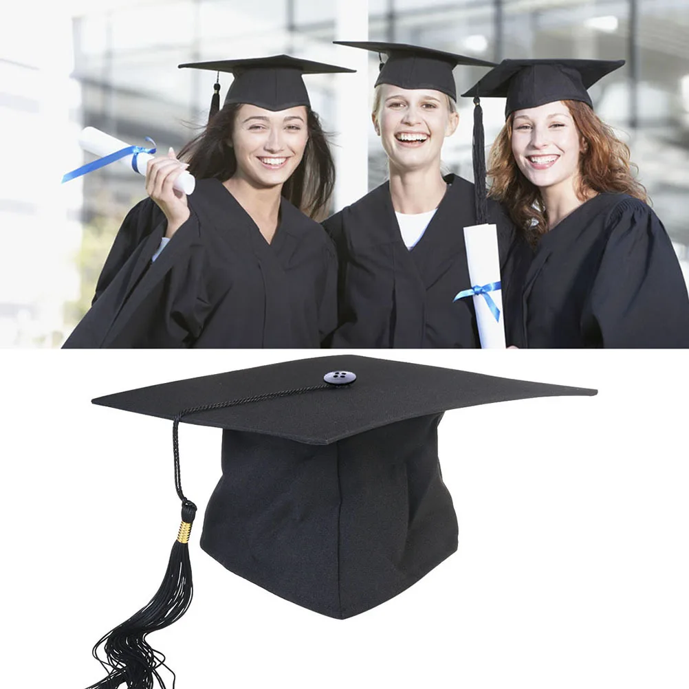 Black Graduation Graduation Hat Adjustable 24x24cm Polyester Mortar Board Tassel for College Disco Costume Adult Cap