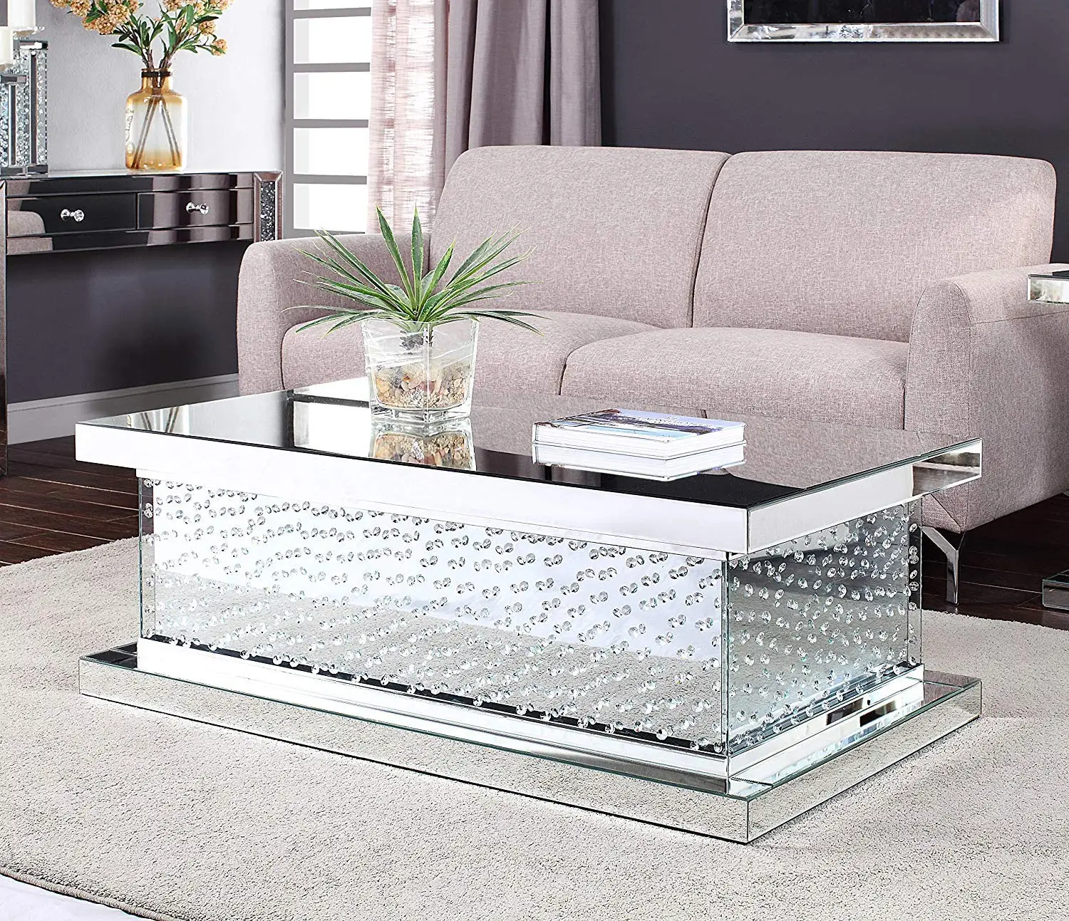 Verspiegelter Couch tisch in modernem Design mit Kristalle inlage und 4 mm klarem gehärtetem Glas