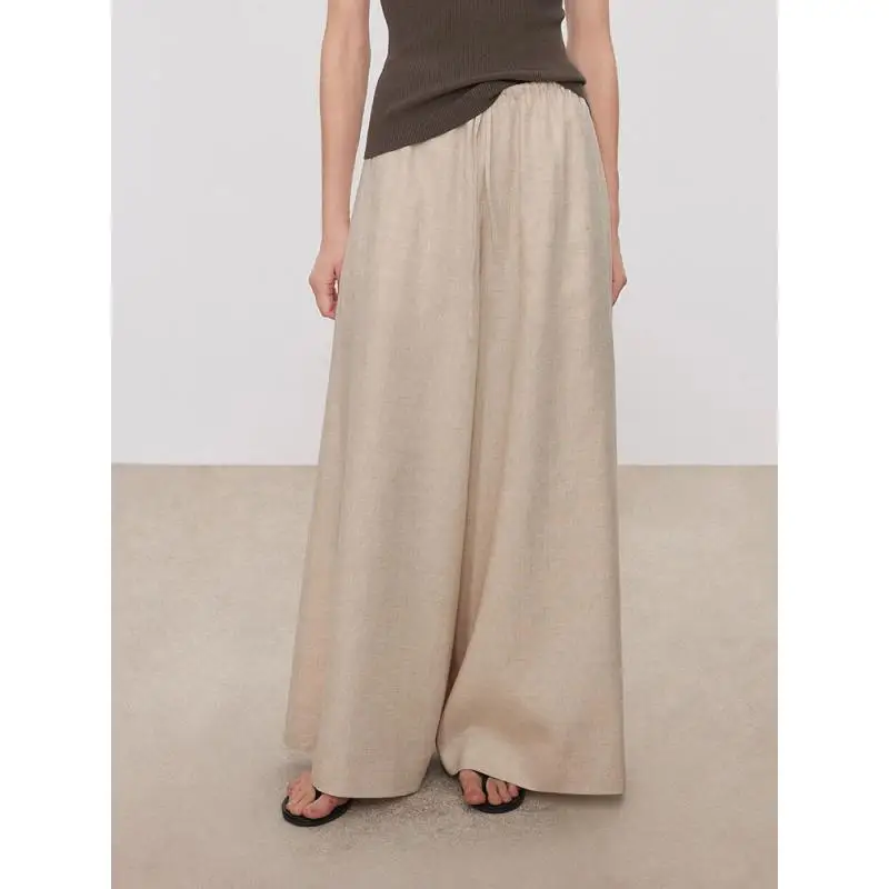 

Брюки Maxdutti в японском минималистском винтажном стиле Yamamoto, легкие и прохладные льняные брюки с эластичным поясом, широкие брюки А-силуэта, женская одежда