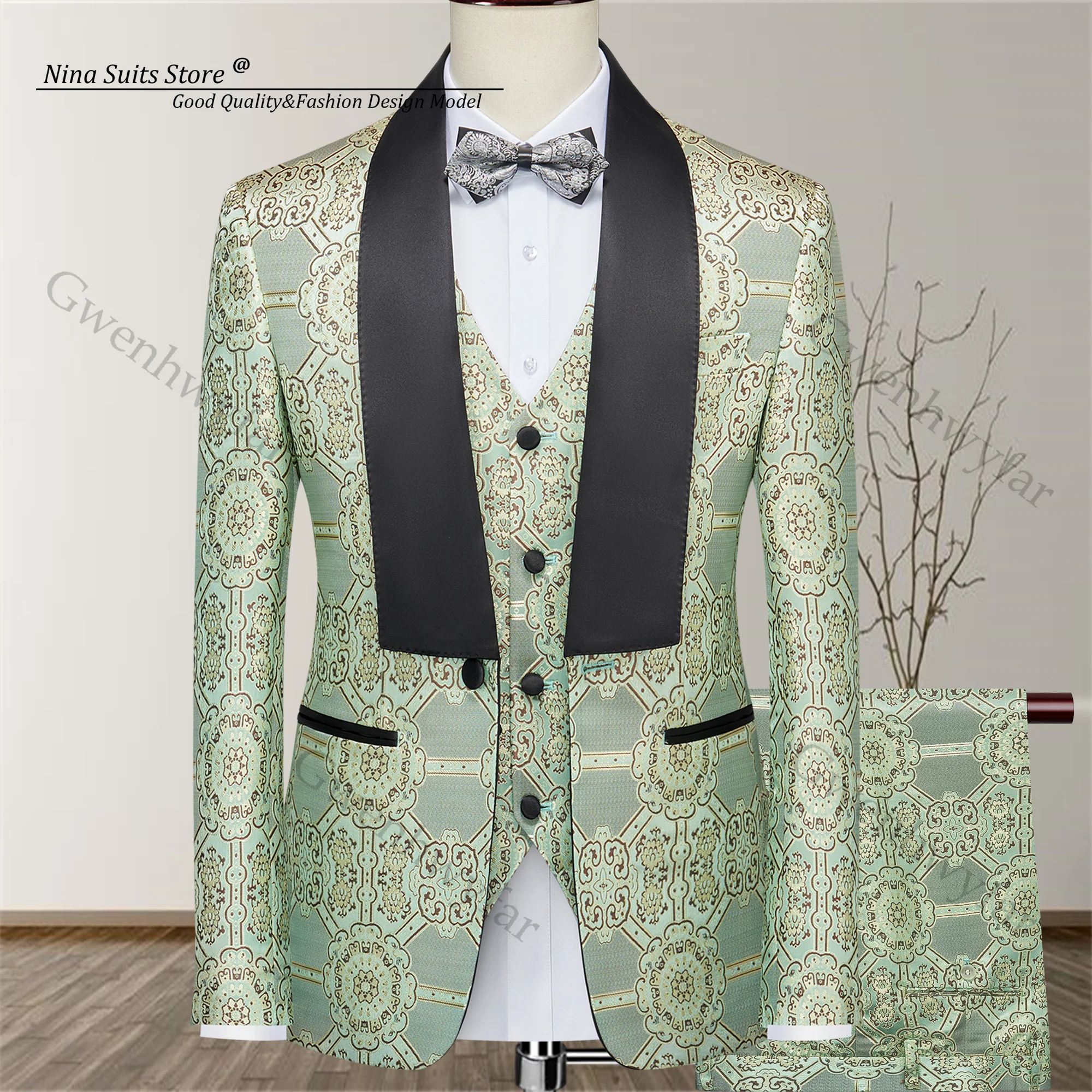 Gwenhwyfar Mint Green Men's Pattern Suits Slim Fit One Button Black Lapel Tuxedo Suit Set Fashion Prom Party Blazer Pants Vest