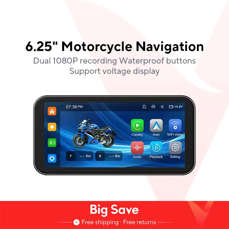 Portable 6.25 inch IP67 Waterproof Motorcycle GPS Navigation Wireless Carplay Android Auto DVR Drive Recorder Moto Monitor WIFI