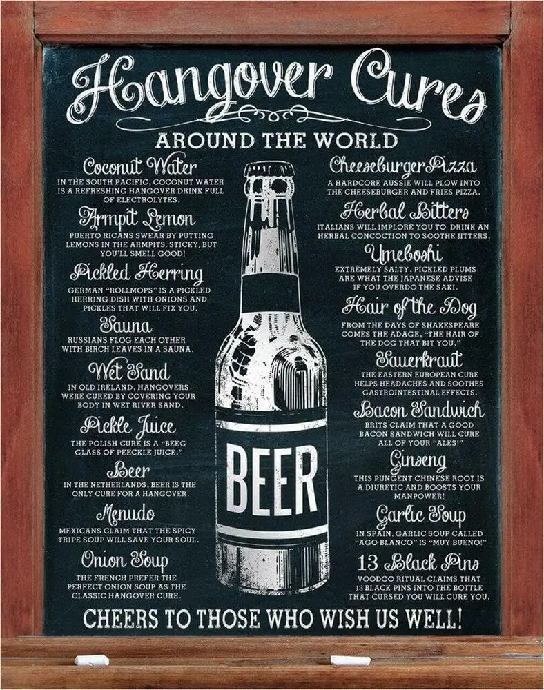 Hangover Cures Beer Liquor Around the World Bar Pub Rustic Metal Sign 8 x 12 Inches