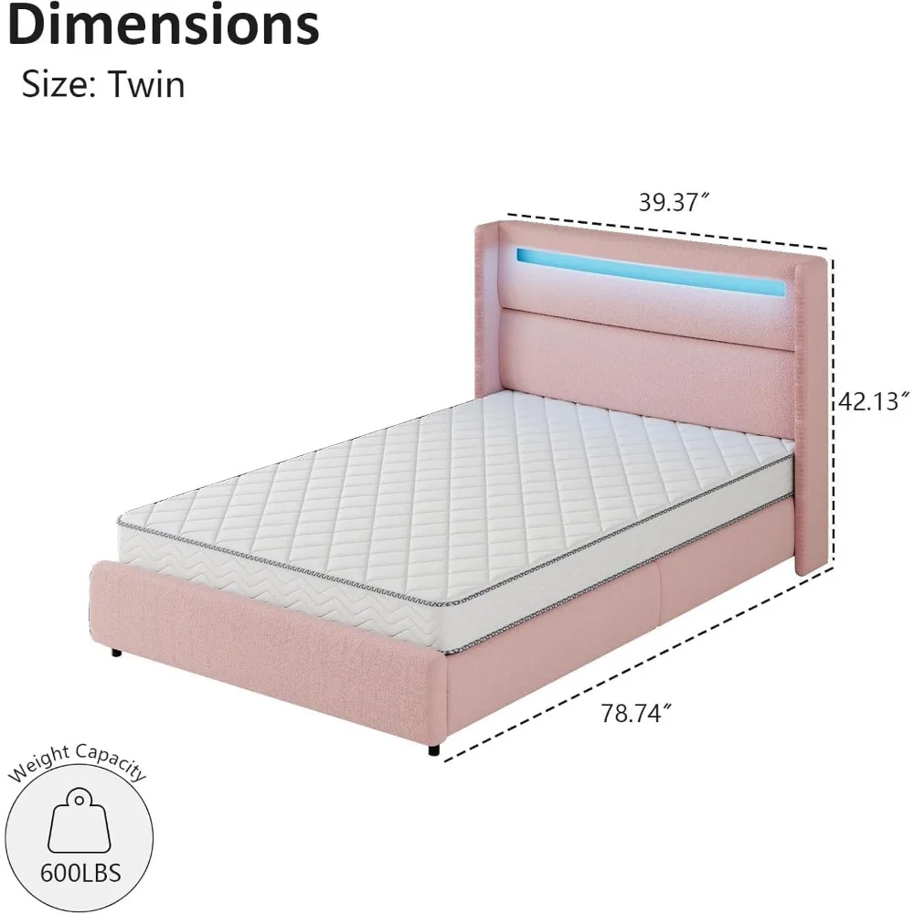 Estruturas de cama de solteiro com cabeceira e luzes LED, cama de plataforma estofada Boucle com design Wingback, estrutura de cama macia moderna