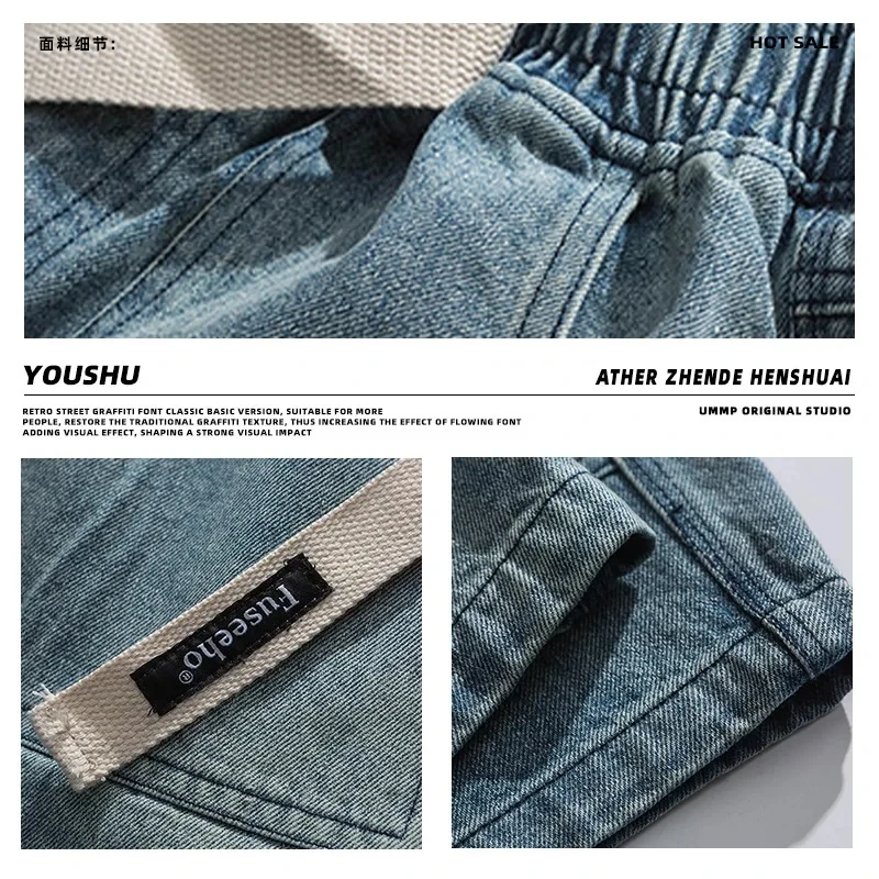 Fashion Casual Denim Shorts Men\'s Trend Ins Youth Pop Summer Wear Japanese Gothic Hip Hop Loose Casual Cargo Five Quarter Pants