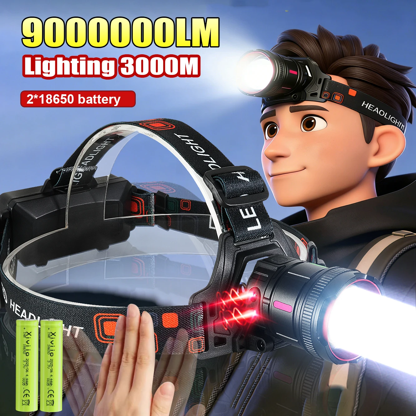 2026 NEW 9000000LM Most Powerful Headlamp Long Range 3000M Rechargeable LED Headlights Camping Fishing Head Flashlight Lantern