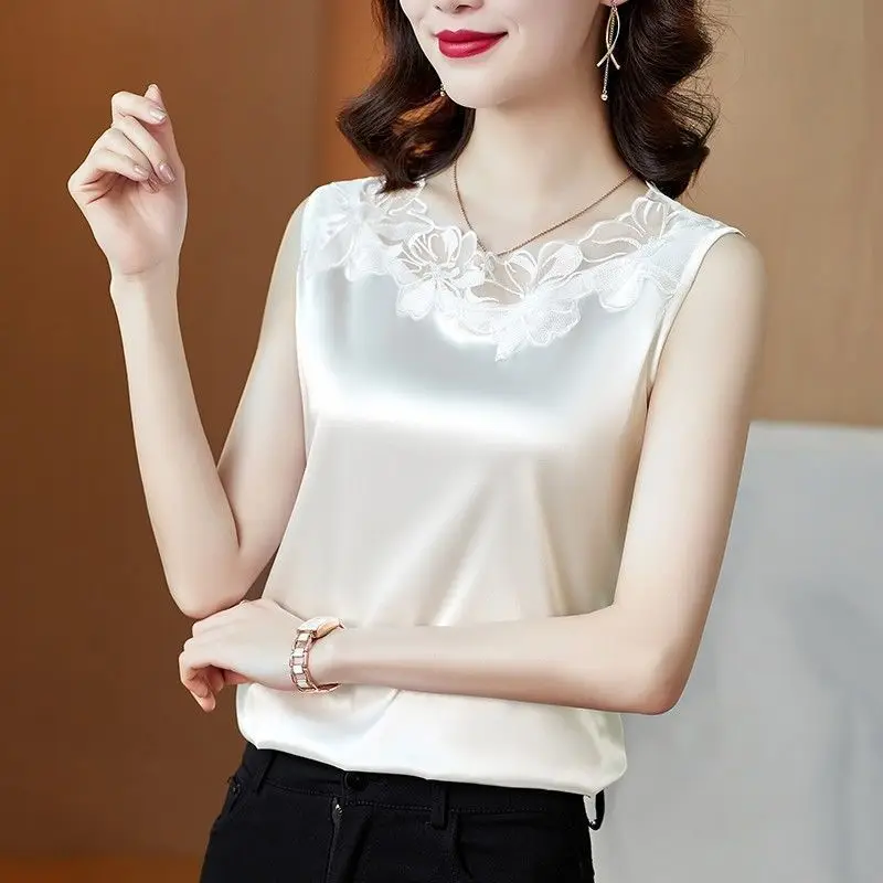 High Quality Satin Elegant Chic Lace Flower Patchwork Sleeveless Tops for Women Korean Fashion Solid Slim Shirts Blouses Clothes