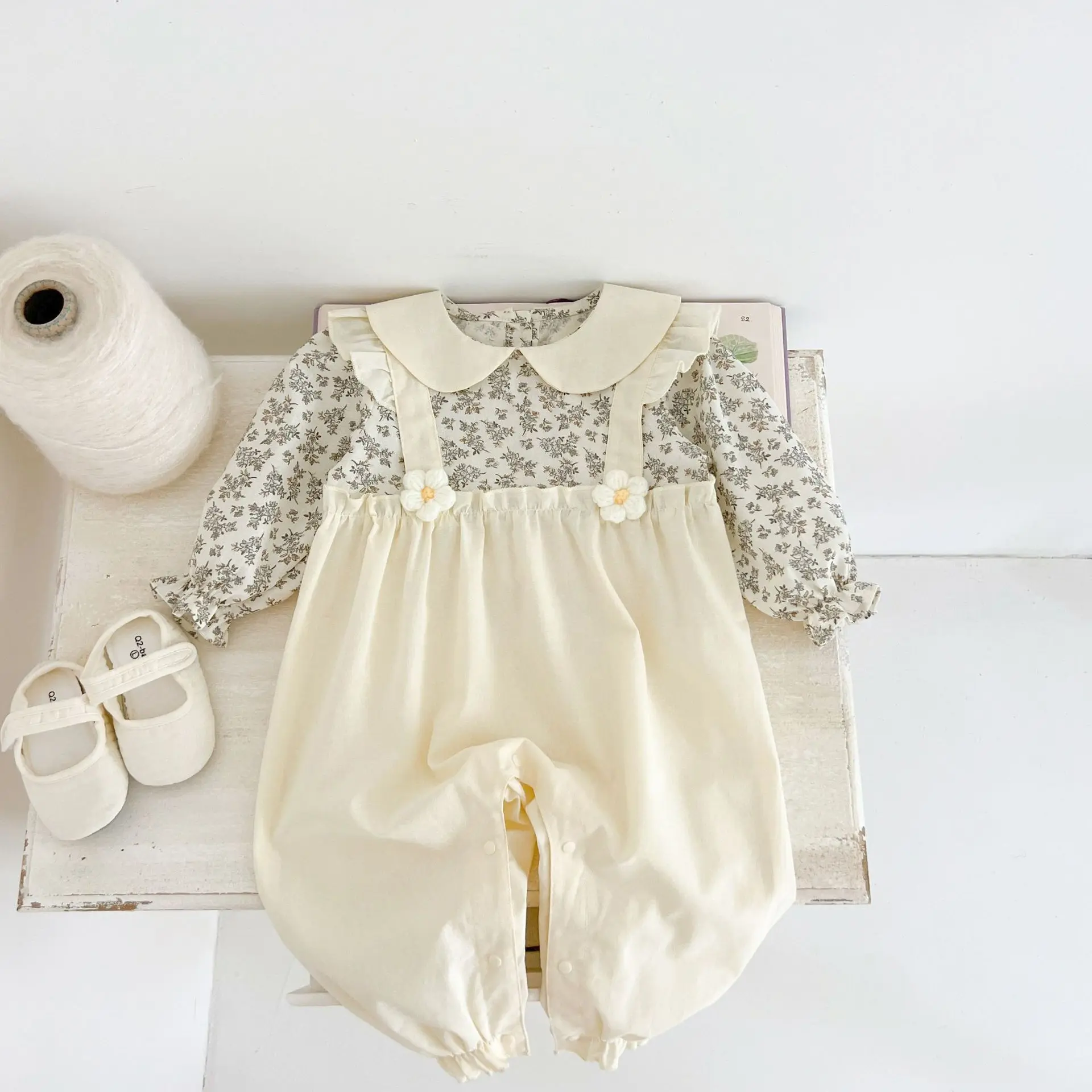 autumn Newborn Infant Baby Girls Flower Romper Muslin Fake two pieces lapel  Rompers Kids Onepiece Fashion Baby Clothing