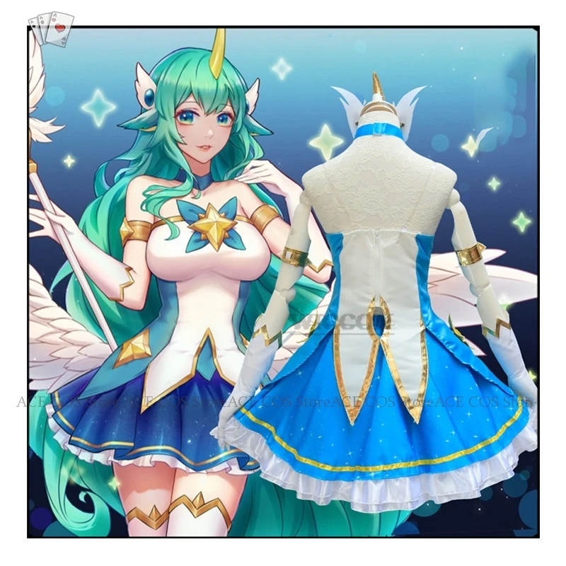 Game LOL Star Guardian Of Soraka Cosplay Costume The Starchild Wig Ears Horn Anime Lolita Dress Halloween Sexy Women Green Suit