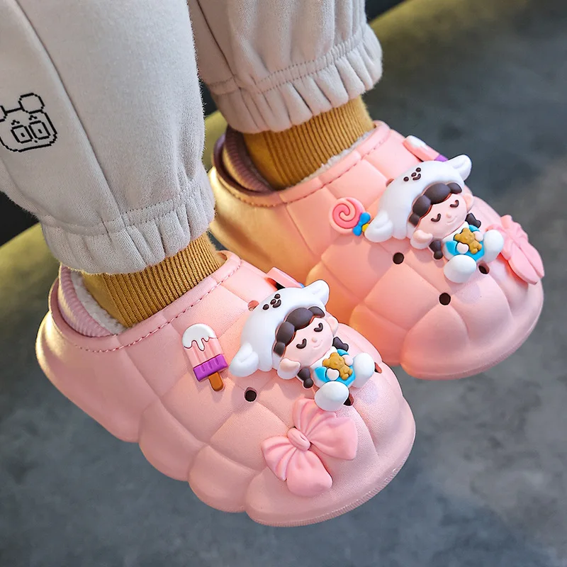 Blue Babi Winter Fur Clogs Kids Slippers For Girls Indoor Outdoor Mules Shoes Children\'s Waterproof Loafer Slipper Flip Flops