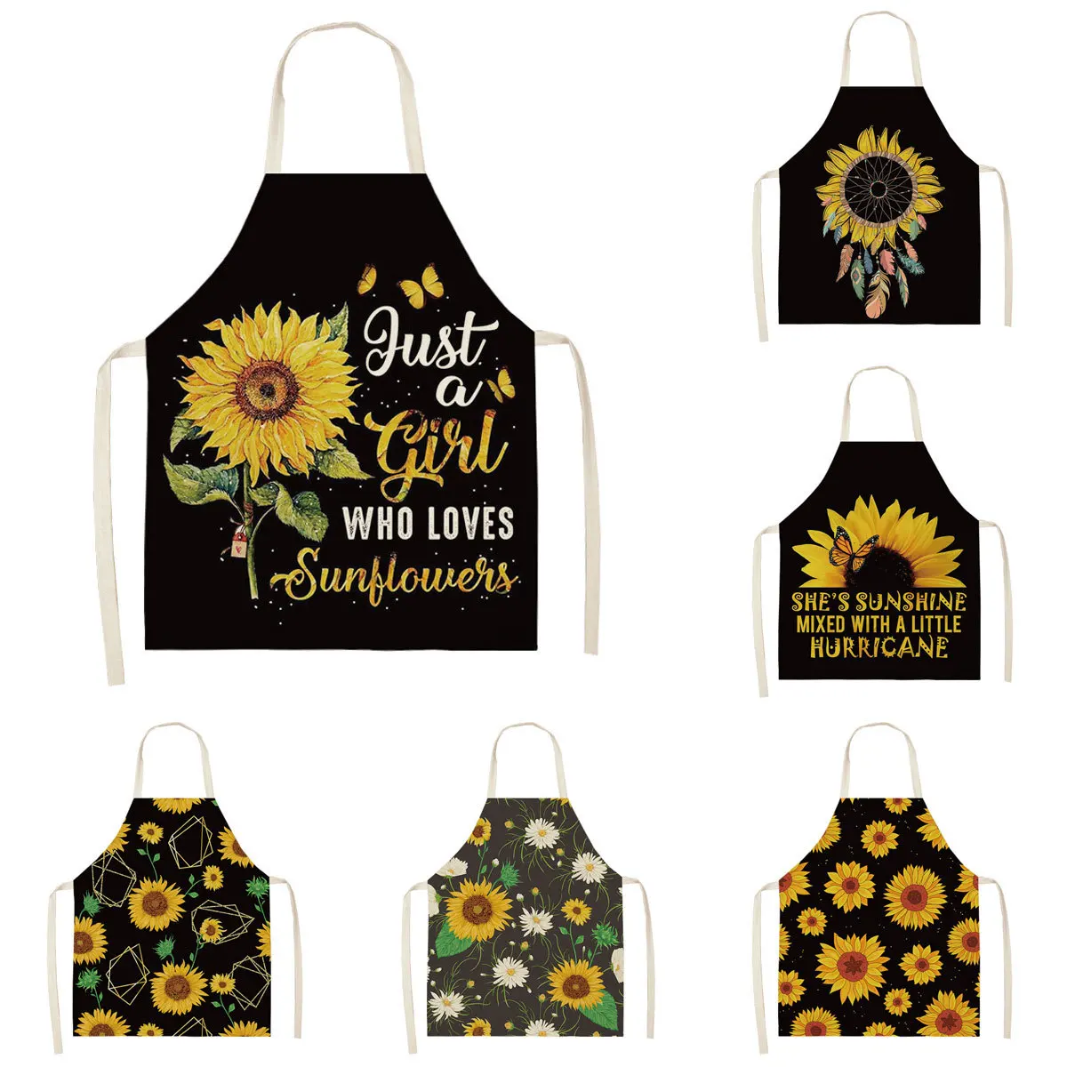 Sunflower Pattern Printed Cotton Linen Aprons Home Cleaning Cooking Kitchen Apron Cook Wear Adult Bibs Pinafore accessories