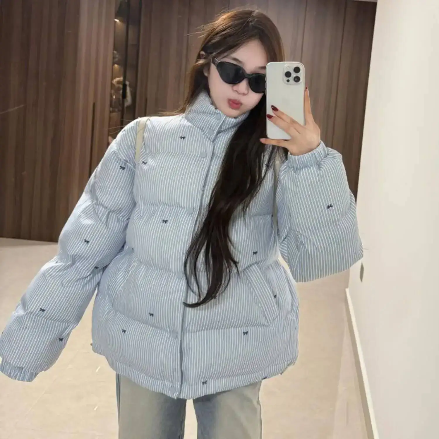 الكورية نمط الحلو بارد مخطط فراشة عقدة طباعة سميكة سترة قطن المرأة شتاء موضة جديدة ملابس خارجية دافئة #2