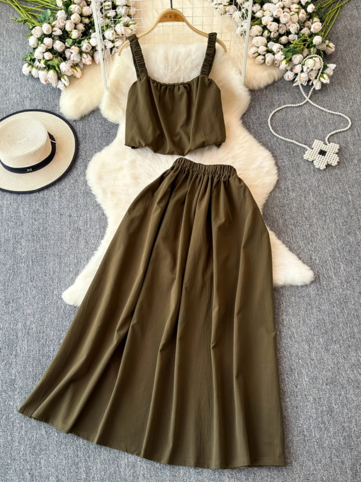 

Summer Fashion Set Women Korean Style Camisole Tops And High Waist A-line Long Skirts 2pcs Suit Female Solid Clothes