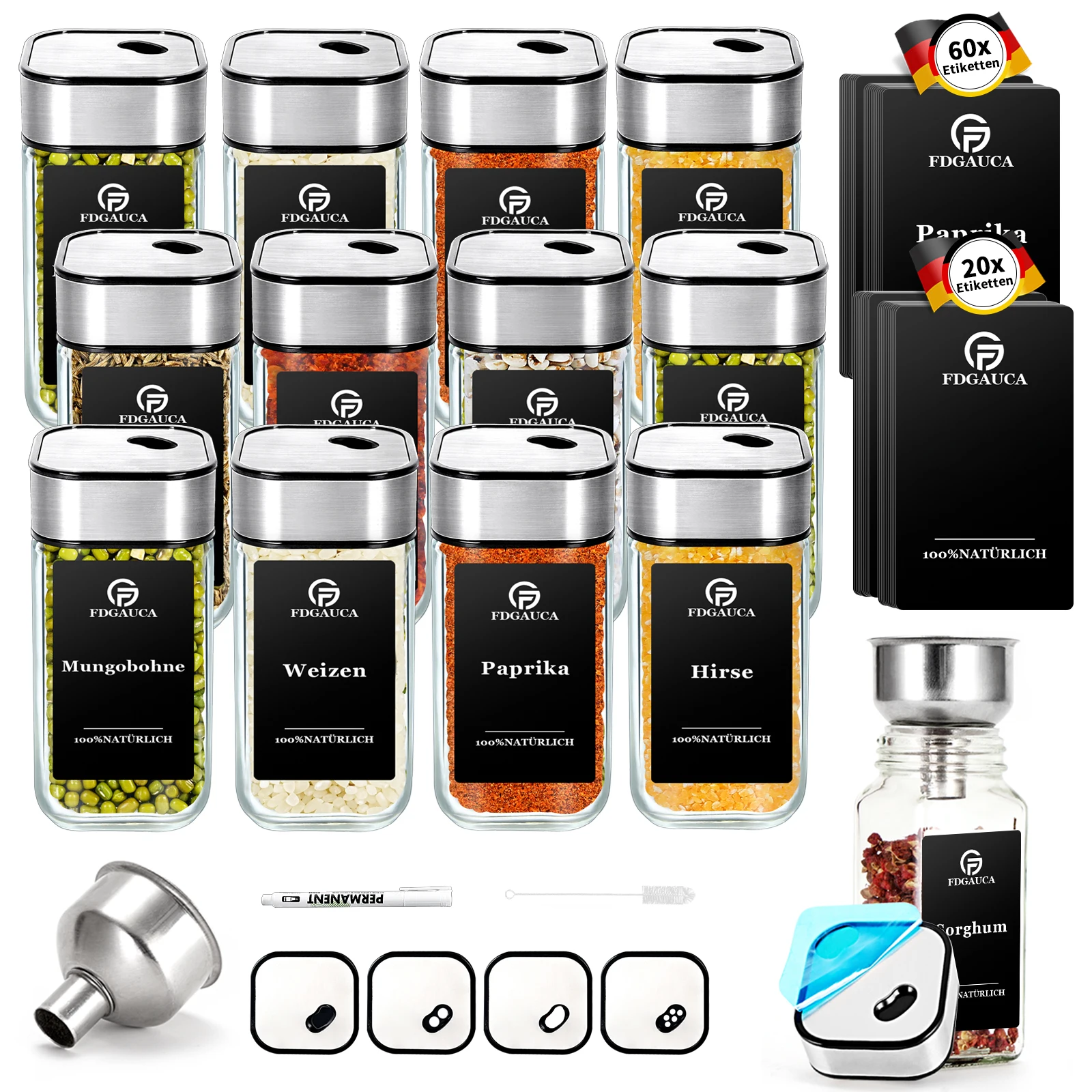 6/12/24Pcs Glass Spice Jars with 360° Rotating Lids, 120ml Spice Bottles with Black Labels, Funnel, Brush for Organising Spices